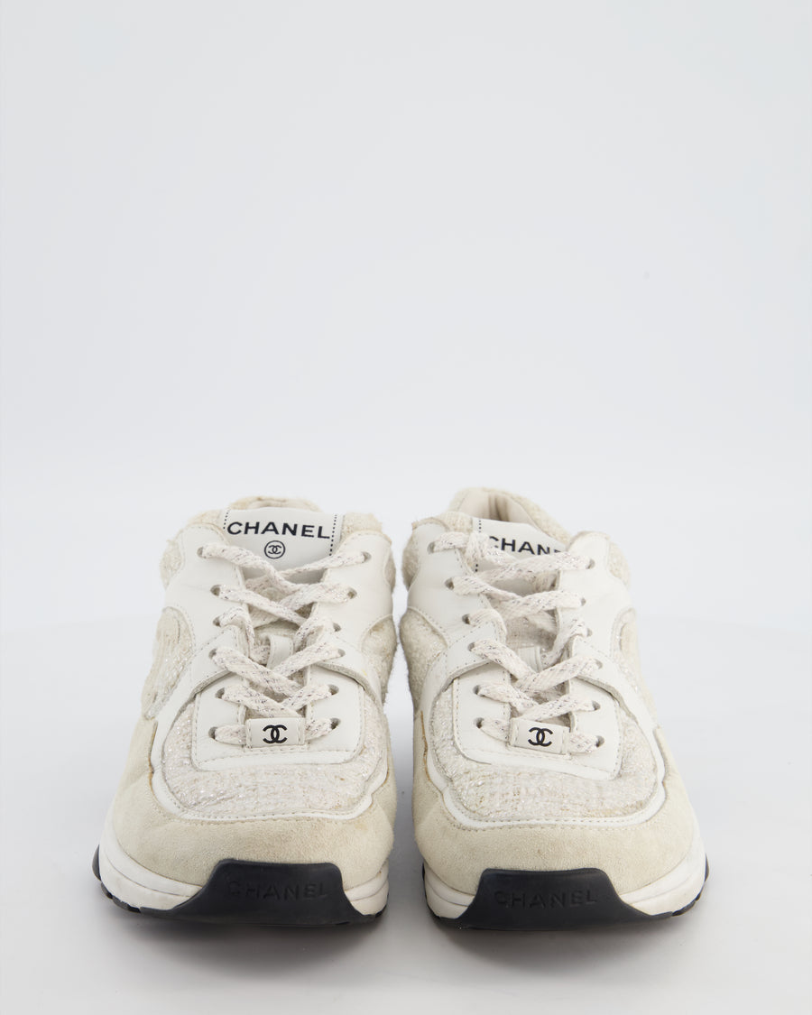 Chanel White and Silver Suede and Tweed Trainers with CC Detail Size EU 38