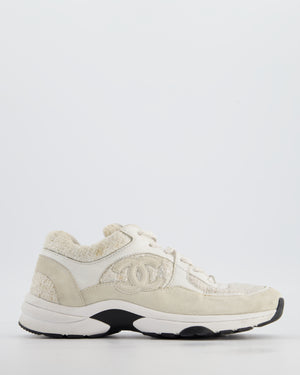 Chanel White and Silver Suede and Tweed Trainers with CC Detail Size EU 38
