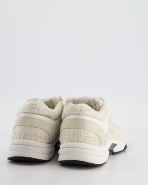 Chanel White and Silver Suede and Tweed Trainers with CC Detail Size EU 38