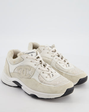 Chanel White and Silver Suede and Tweed Trainers with CC Detail Size EU 38