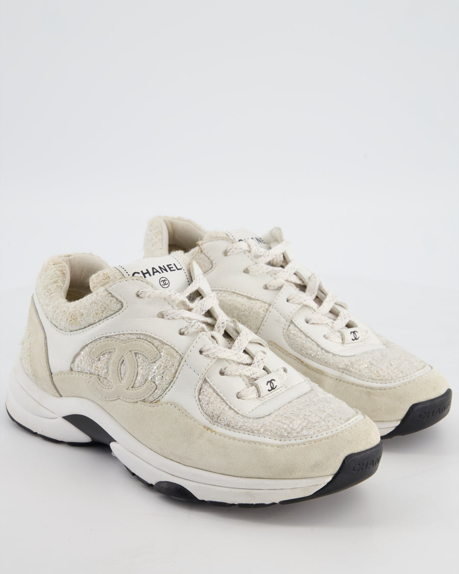Chanel White and Silver Suede and Tweed Trainers with CC Detail Size EU 38