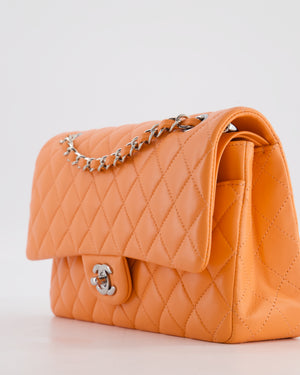 Chanel Medium Orange Classic Double Flap Bag in Lambskin Leather with Silver Hardware