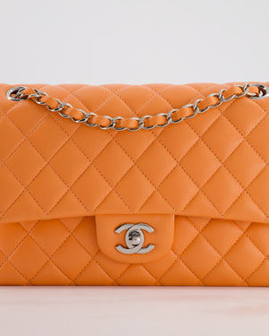 Chanel Medium Orange Classic Double Flap Bag in Lambskin Leather with Silver Hardware