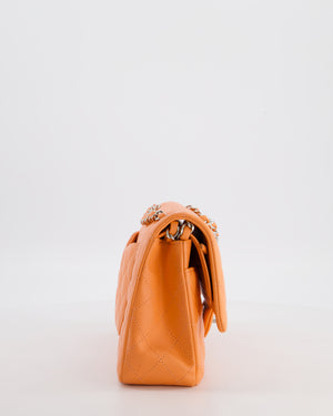 Chanel Medium Orange Classic Double Flap Bag in Lambskin Leather with Silver Hardware
