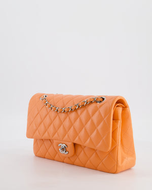 Chanel Medium Orange Classic Double Flap Bag in Lambskin Leather with Silver Hardware