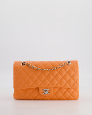Chanel Medium Orange Classic Double Flap Bag in Lambskin Leather with Silver Hardware