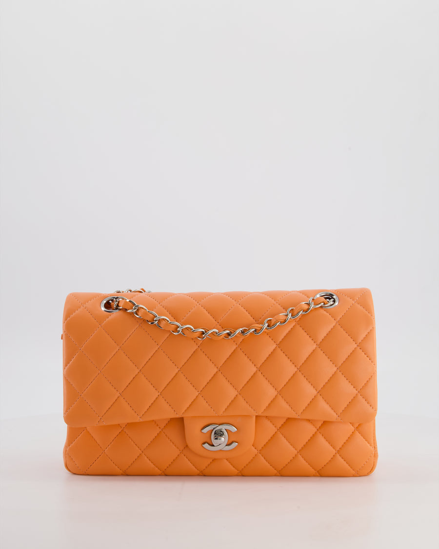 Chanel Medium Orange Classic Double Flap Bag in Lambskin Leather with Silver Hardware
