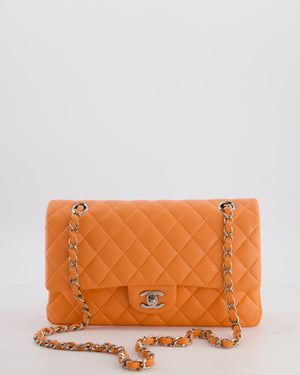 Chanel Medium Orange Classic Double Flap Bag in Lambskin Leather with Silver Hardware
