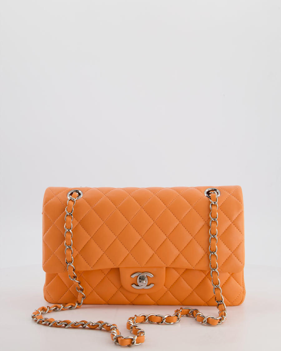 Chanel Medium Orange Classic Double Flap Bag in Lambskin Leather with Silver Hardware