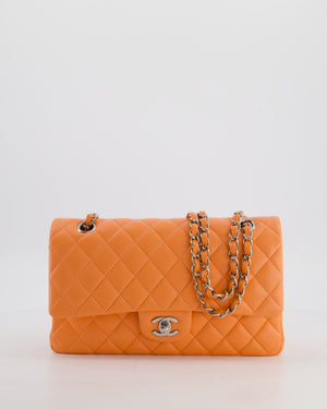 Chanel Medium Orange Classic Double Flap Bag in Lambskin Leather with Silver Hardware