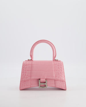 Balenciaga Pink XS Hourglass Top Handle Bag in Croc Effect Calfskin Leather with Silver Hardware RRP £1,850