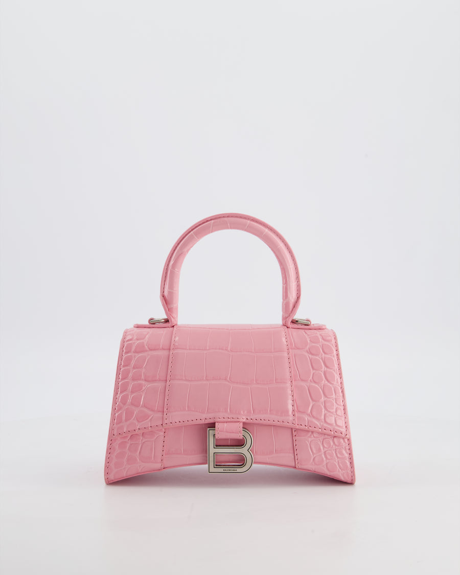 Balenciaga Pink XS Hourglass Top Handle Bag in Croc Effect Calfskin Leather with Silver Hardware RRP £1,850
