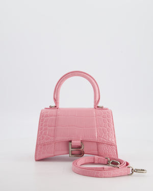 Balenciaga Pink XS Hourglass Top Handle Bag in Croc Effect Calfskin Leather with Silver Hardware RRP £1,850