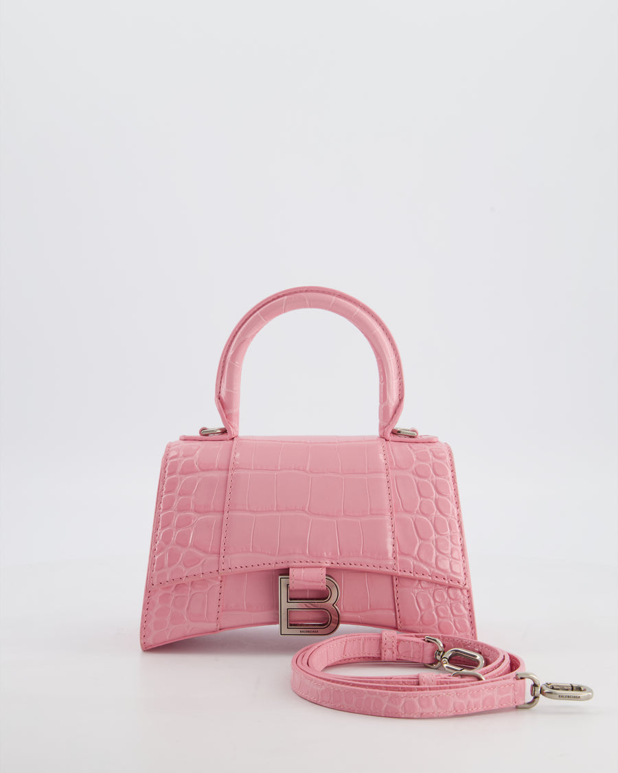 Balenciaga Pink XS Hourglass Top Handle Bag in Croc Effect Calfskin Leather with Silver Hardware RRP £1,850
