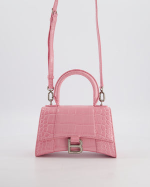 Balenciaga Pink XS Hourglass Top Handle Bag in Croc Effect Calfskin Leather with Silver Hardware RRP £1,850