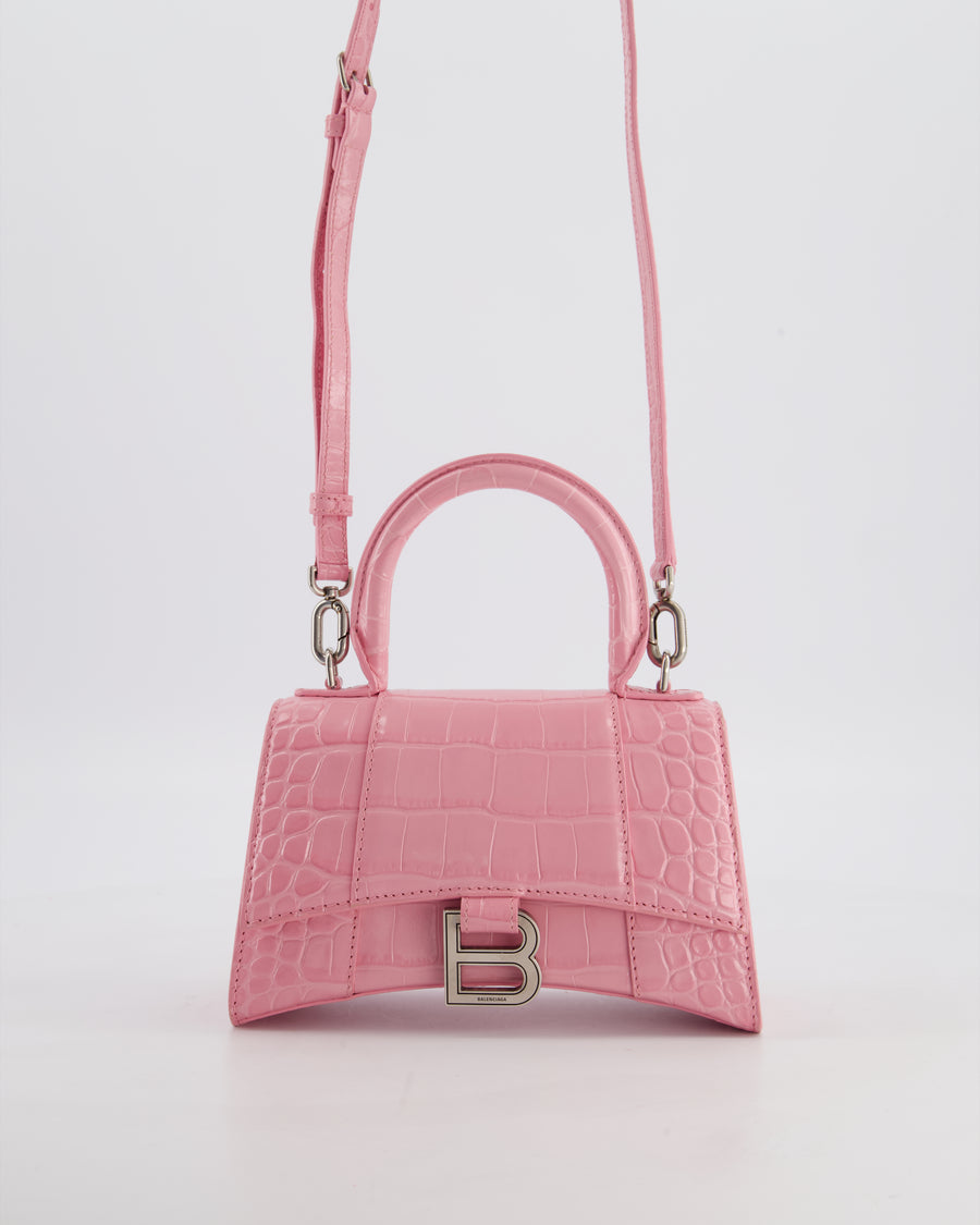 Balenciaga Pink XS Hourglass Top Handle Bag in Croc Effect Calfskin Leather with Silver Hardware RRP £1,850