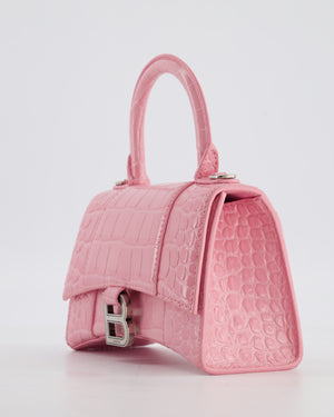 Balenciaga Pink XS Hourglass Top Handle Bag in Croc Effect Calfskin Leather with Silver Hardware RRP £1,850