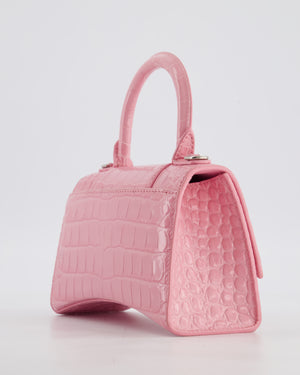Balenciaga Pink XS Hourglass Top Handle Bag in Croc Effect Calfskin Leather with Silver Hardware RRP £1,850