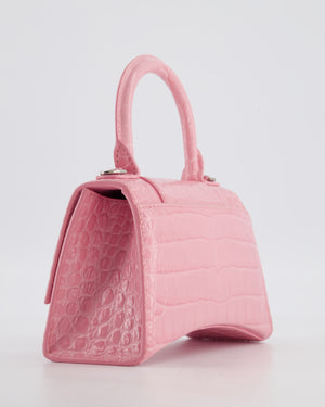 Balenciaga Pink XS Hourglass Top Handle Bag in Croc Effect Calfskin Leather with Silver Hardware RRP £1,850