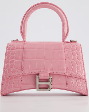 Balenciaga Pink XS Hourglass Top Handle Bag in Croc Effect Calfskin Leather with Silver Hardware RRP £1,850