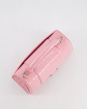 Balenciaga Pink XS Hourglass Top Handle Bag in Croc Effect Calfskin Leather with Silver Hardware RRP £1,850