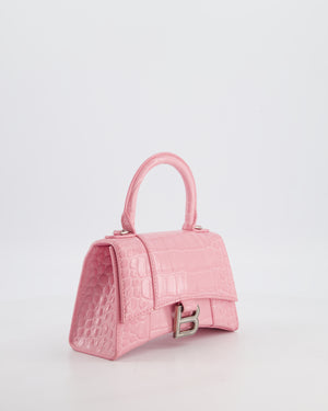 Balenciaga Pink XS Hourglass Top Handle Bag in Croc Effect Calfskin Leather with Silver Hardware RRP £1,850