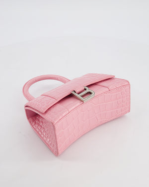 Balenciaga Pink XS Hourglass Top Handle Bag in Croc Effect Calfskin Leather with Silver Hardware RRP £1,850