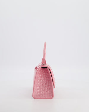 Balenciaga Pink XS Hourglass Top Handle Bag in Croc Effect Calfskin Leather with Silver Hardware RRP £1,850