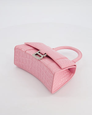 Balenciaga Pink XS Hourglass Top Handle Bag in Croc Effect Calfskin Leather with Silver Hardware RRP £1,850