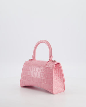 Balenciaga Pink XS Hourglass Top Handle Bag in Croc Effect Calfskin Leather with Silver Hardware RRP £1,850