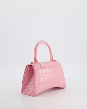 Balenciaga Pink XS Hourglass Top Handle Bag in Croc Effect Calfskin Leather with Silver Hardware RRP £1,850