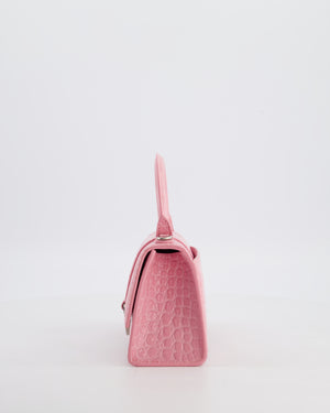 Balenciaga Pink XS Hourglass Top Handle Bag in Croc Effect Calfskin Leather with Silver Hardware RRP £1,850