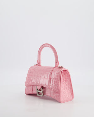 Balenciaga Pink XS Hourglass Top Handle Bag in Croc Effect Calfskin Leather with Silver Hardware RRP £1,850