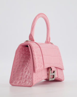 Balenciaga Pink XS Hourglass Top Handle Bag in Croc Effect Calfskin Leather with Silver Hardware RRP £1,850