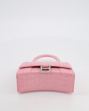 Balenciaga Pink XS Hourglass Top Handle Bag in Croc Effect Calfskin Leather with Silver Hardware RRP £1,850