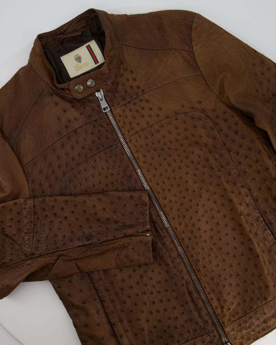 Gucci Vintage Menswear Brown Ostrich Leather Biker Jacket Size IT 48 (UK 38)