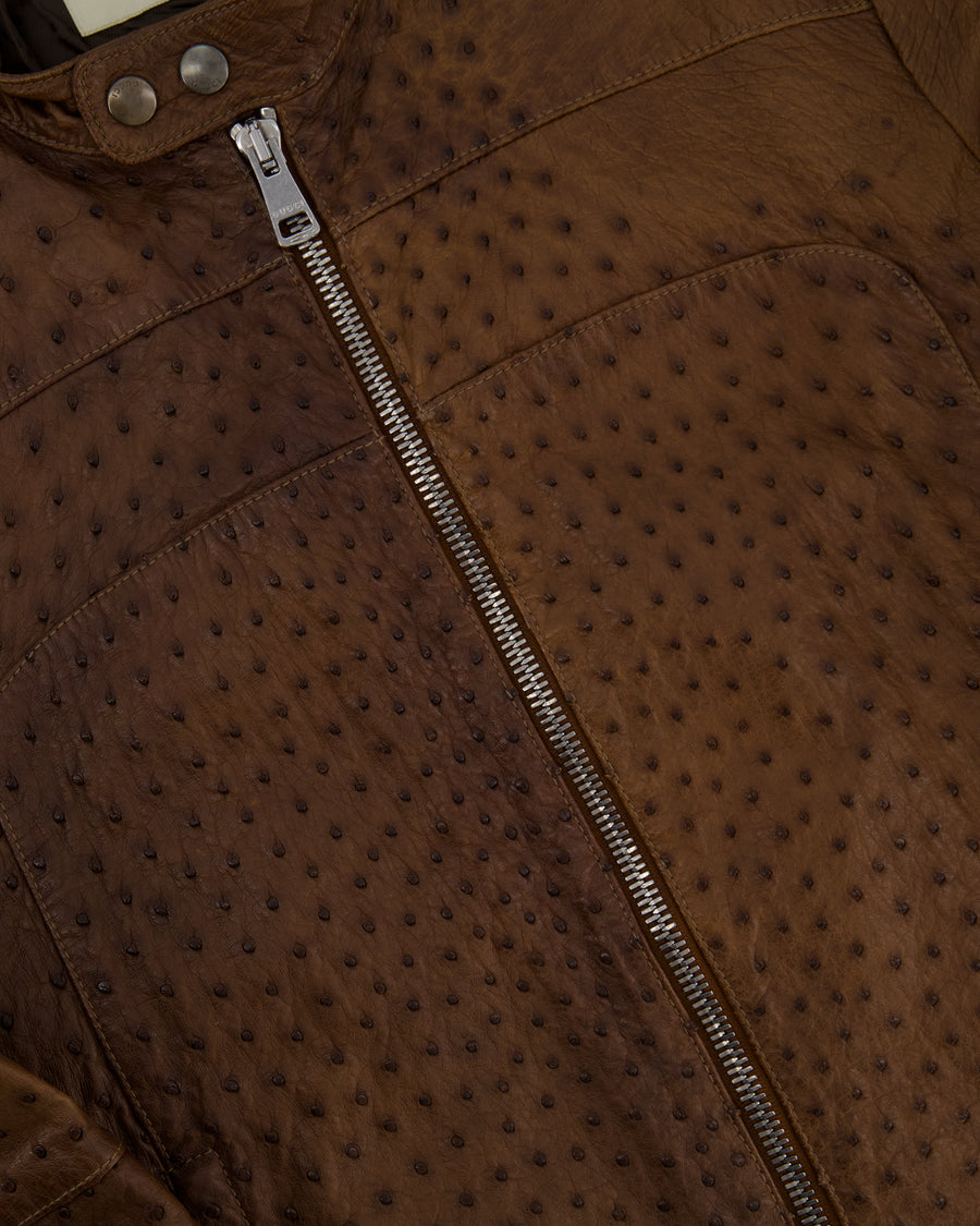 Gucci Vintage Menswear Brown Ostrich Leather Biker Jacket Size IT 48 (UK 38)