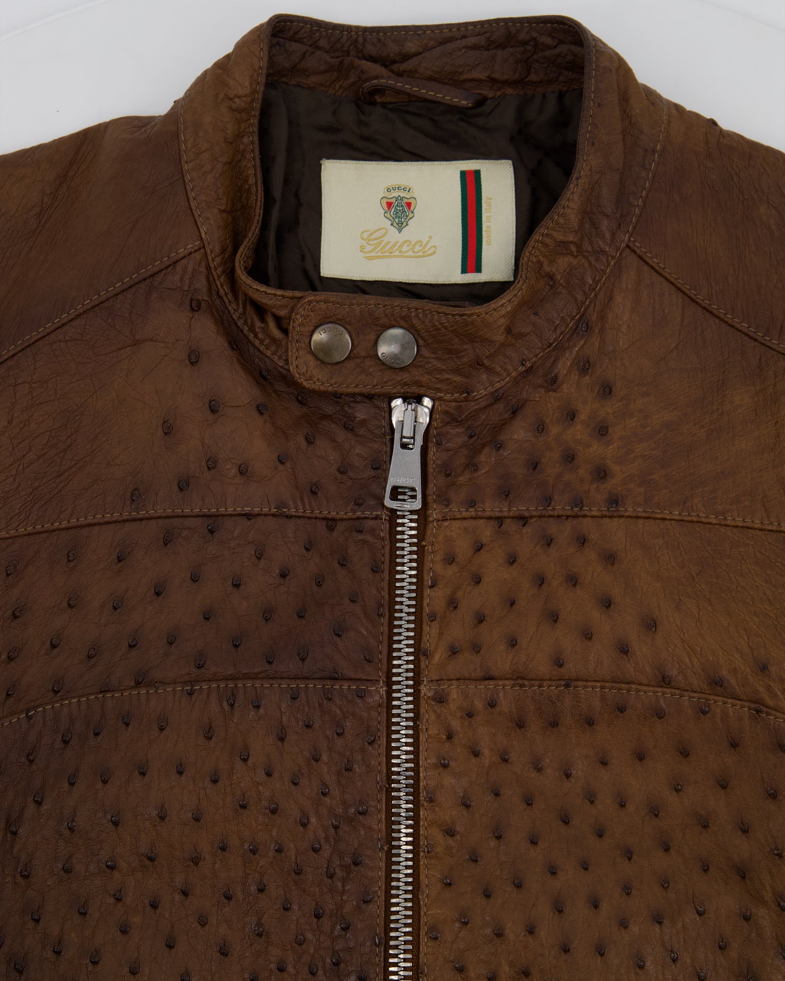 Gucci Vintage Menswear Brown Ostrich Leather Biker Jacket Size IT 