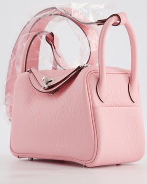 *SUPER HOT* Hermès Mini Lindy II Verso Bag in Rose Sakura Taurillon Clemence Leather with New White Interior and Palladium Hardware