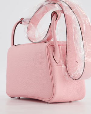 *SUPER HOT* Hermès Mini Lindy II Verso Bag in Rose Sakura Taurillon Clemence Leather with New White Interior and Palladium Hardware