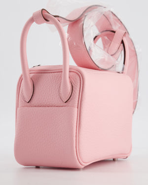 *SUPER HOT* Hermès Mini Lindy II Verso Bag in Rose Sakura Taurillon Clemence Leather with New White Interior and Palladium Hardware