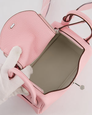 *SUPER HOT* Hermès Mini Lindy II Verso Bag in Rose Sakura Taurillon Clemence Leather with New White Interior and Palladium Hardware