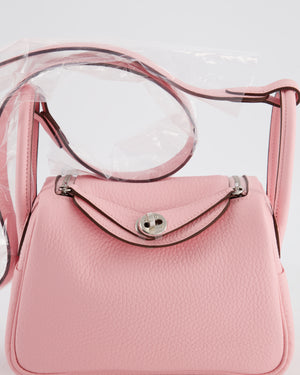 *SUPER HOT* Hermès Mini Lindy II Verso Bag in Rose Sakura Taurillon Clemence Leather with New White Interior and Palladium Hardware