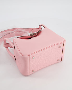 *SUPER HOT* Hermès Mini Lindy II Verso Bag in Rose Sakura Taurillon Clemence Leather with New White Interior and Palladium Hardware