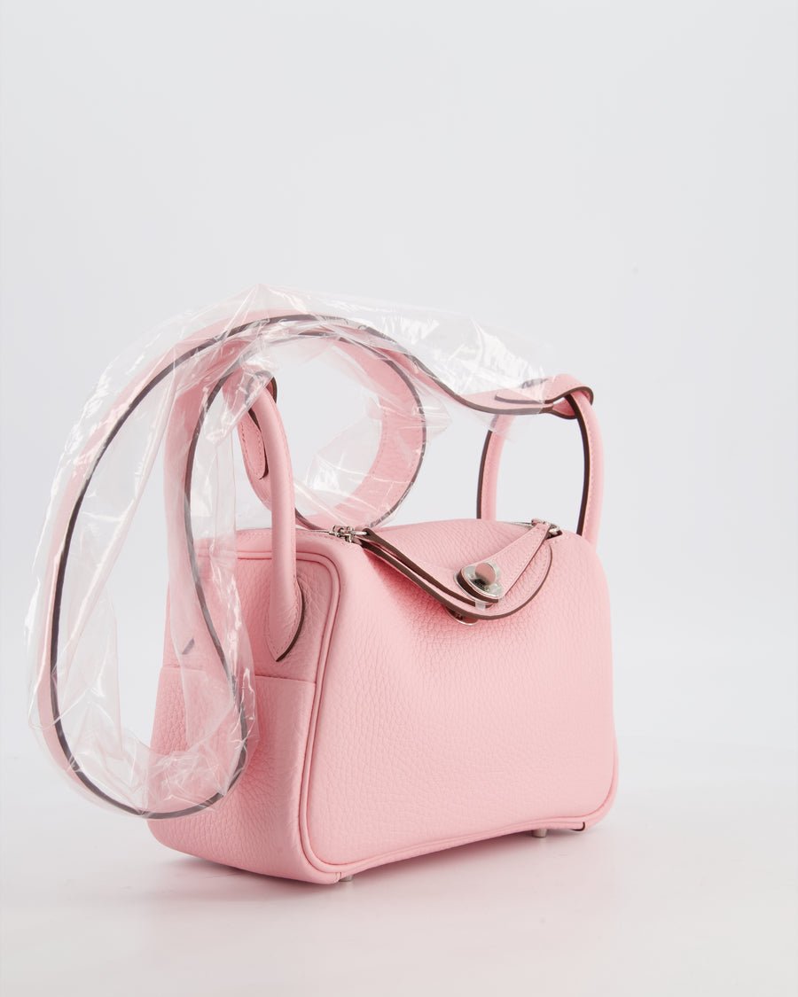 *SUPER HOT* Hermès Mini Lindy II Verso Bag in Rose Sakura Taurillon Clemence Leather with New White Interior and Palladium Hardware