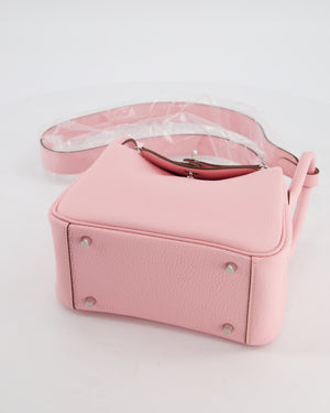 *SUPER HOT* Hermès Mini Lindy II Verso Bag in Rose Sakura Taurillon Clemence Leather with New White Interior and Palladium Hardware