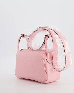 *SUPER HOT* Hermès Mini Lindy II Verso Bag in Rose Sakura Taurillon Clemence Leather with New White Interior and Palladium Hardware
