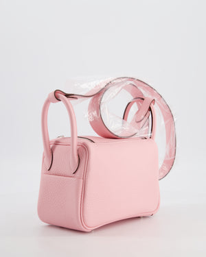 *SUPER HOT* Hermès Mini Lindy II Verso Bag in Rose Sakura Taurillon Clemence Leather with New White Interior and Palladium Hardware