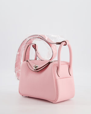 *SUPER HOT* Hermès Mini Lindy II Verso Bag in Rose Sakura Taurillon Clemence Leather with New White Interior and Palladium Hardware