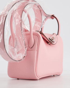 *SUPER HOT* Hermès Mini Lindy II Verso Bag in Rose Sakura Taurillon Clemence Leather with New White Interior and Palladium Hardware